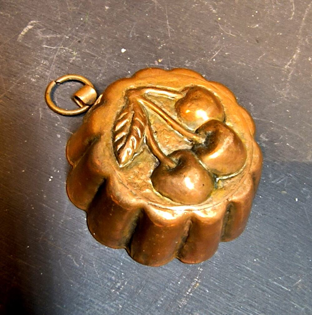 2153.  Mini Vintage Embossed Copper Tin Lined Mold 2 Inch Cherry Cluster